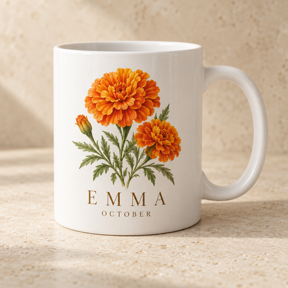 October marigold personalised birth flower name mug