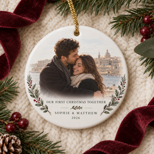 Round personalised Our First Christmas Together photo ornament in a Malta setting