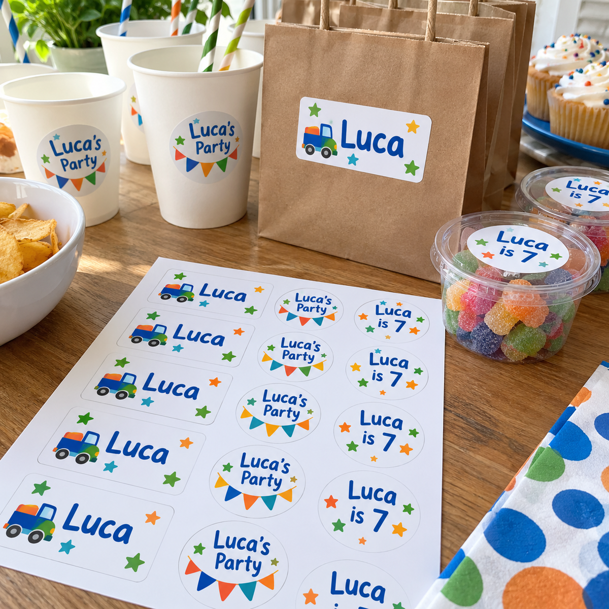 Personalised name stickers for party bags and cups