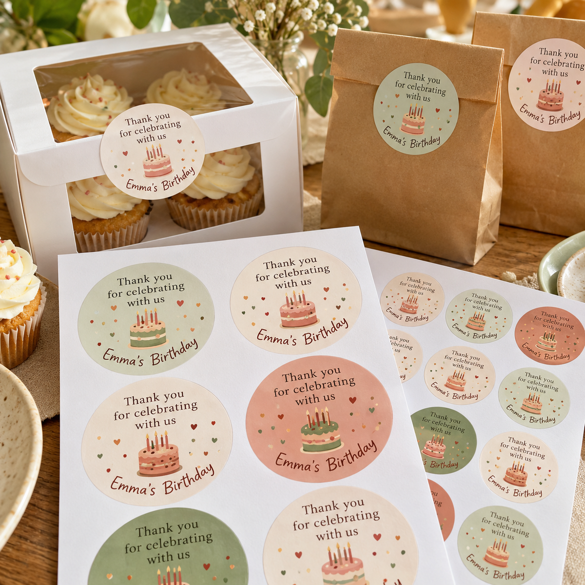 Custom thank-you stickers on cupcake packaging