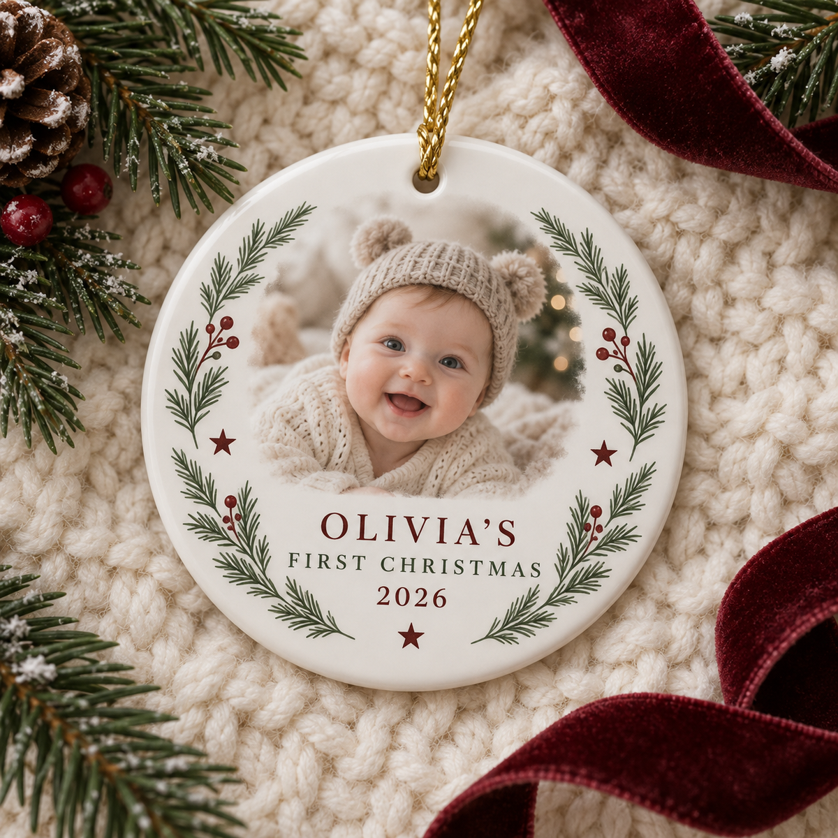 Round personalised Baby's First Christmas ceramic ornament with photograph, name and 2026
