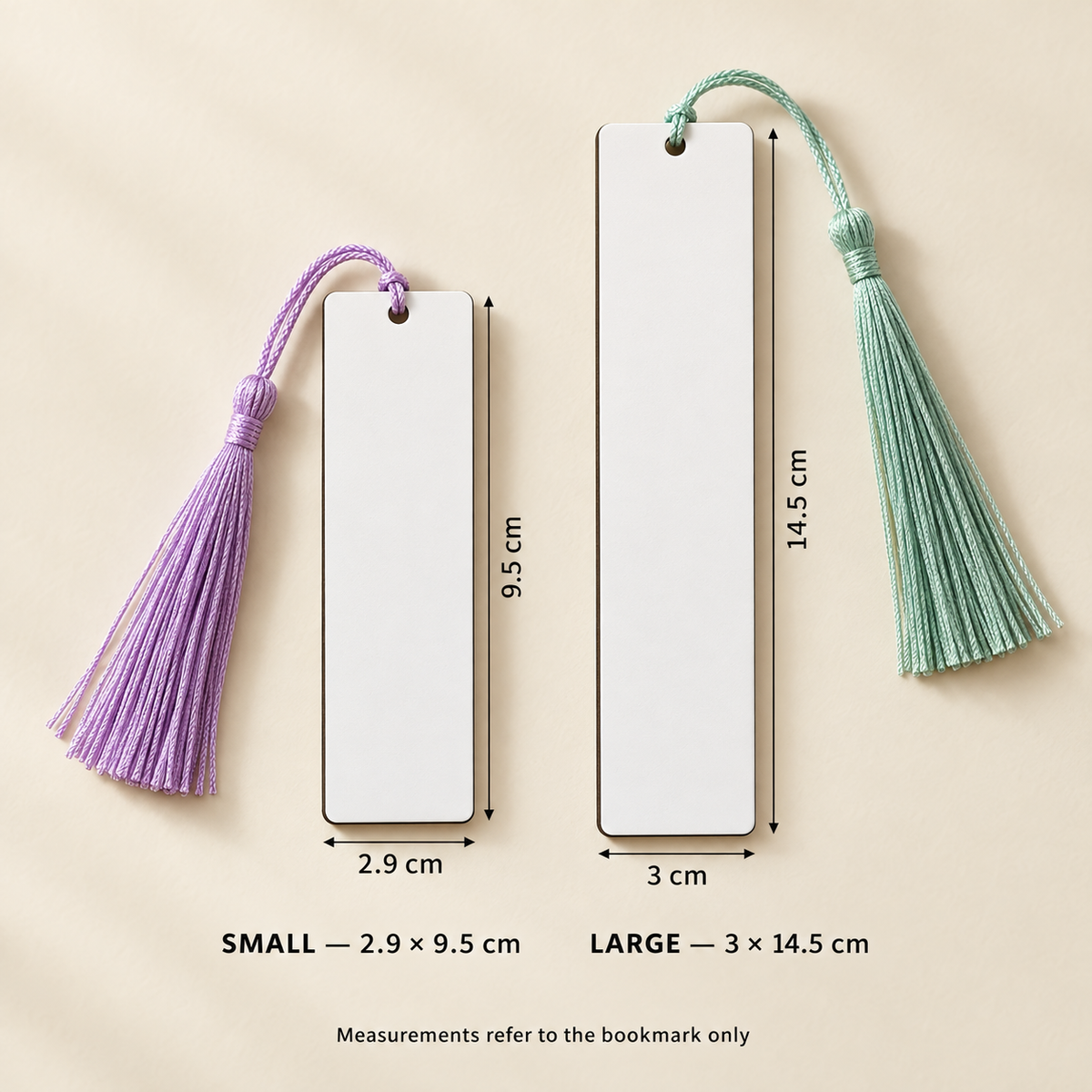 Small and large MDF bookmark measurements excluding tassels