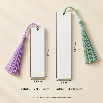 Small and large MDF bookmark measurements excluding tassels