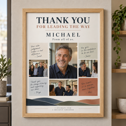 Personalised A4 pine boss thank-you frame with photographs and appreciation messages for Michael