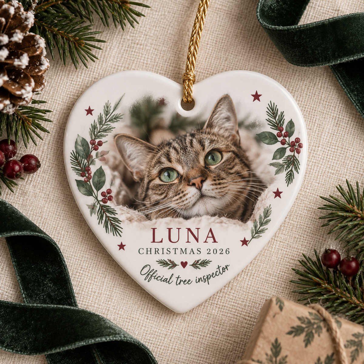 Heart-shaped personalised cat Christmas ornament featuring Luna's photograph