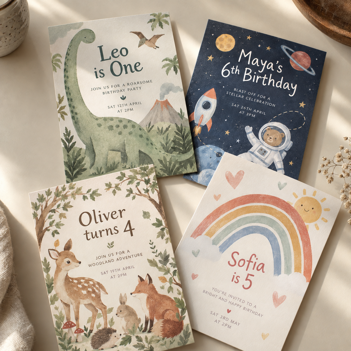 Personalised children’s birthday invitations in dinosaur, space, woodland and rainbow themes