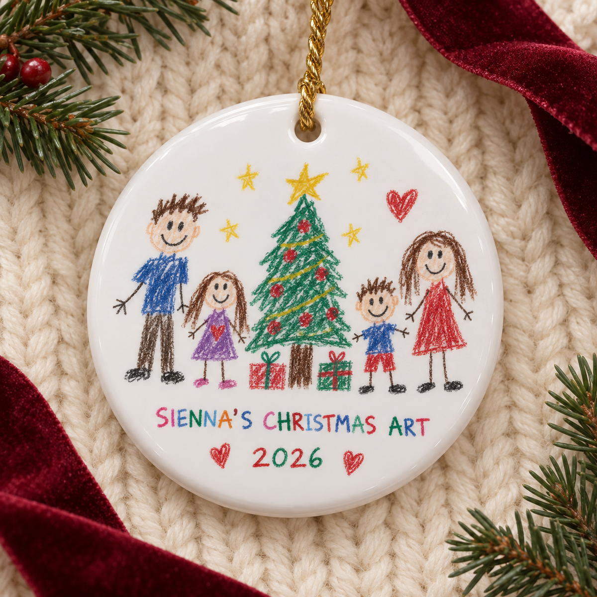 Round personalised Christmas ornament featuring Sienna's colourful family drawing