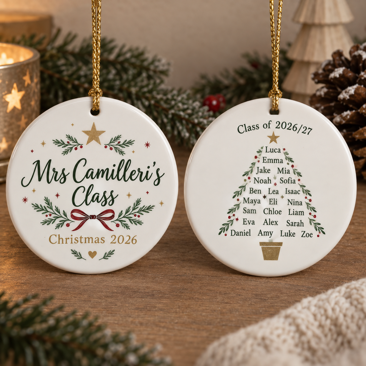Personalised round Class of 2026/27 teacher Christmas ornament with pupil names