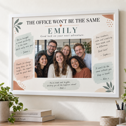 Personalised A3 white colleague leaving frame with group photograph and farewell messages for Emily