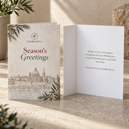 Personalised corporate Malta Christmas card with company name and inside message