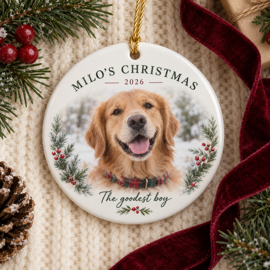 Round personalised dog Christmas ornament featuring Milo's photograph, name and 2026