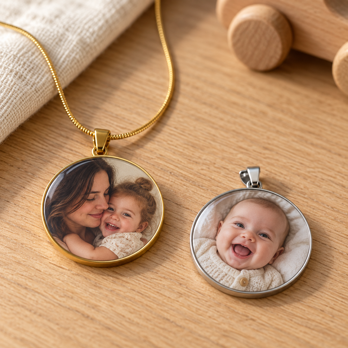 Personalised family and children photo pendant in gold and silver