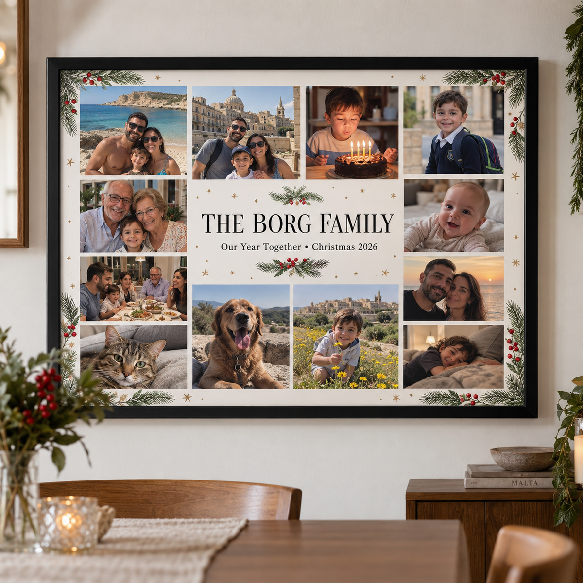 Personalised family Christmas photo collage in an A3 black frame using twelve memories from throughout the year
