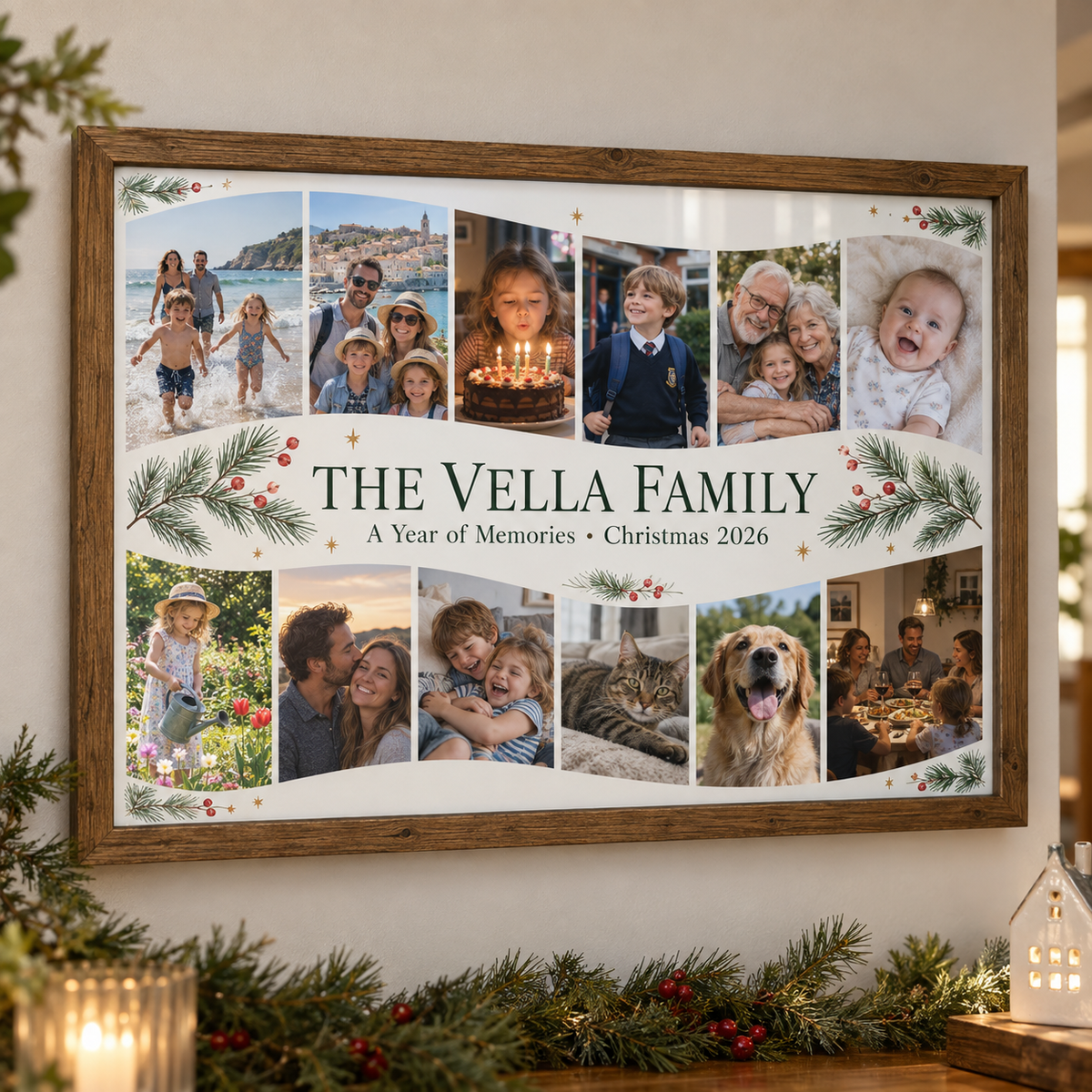 Personalised Christmas year of memories collage in an A3 pine wall frame