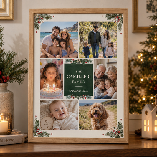 Personalised family Christmas photo collage in an A4 oak frame using six year-round family photos