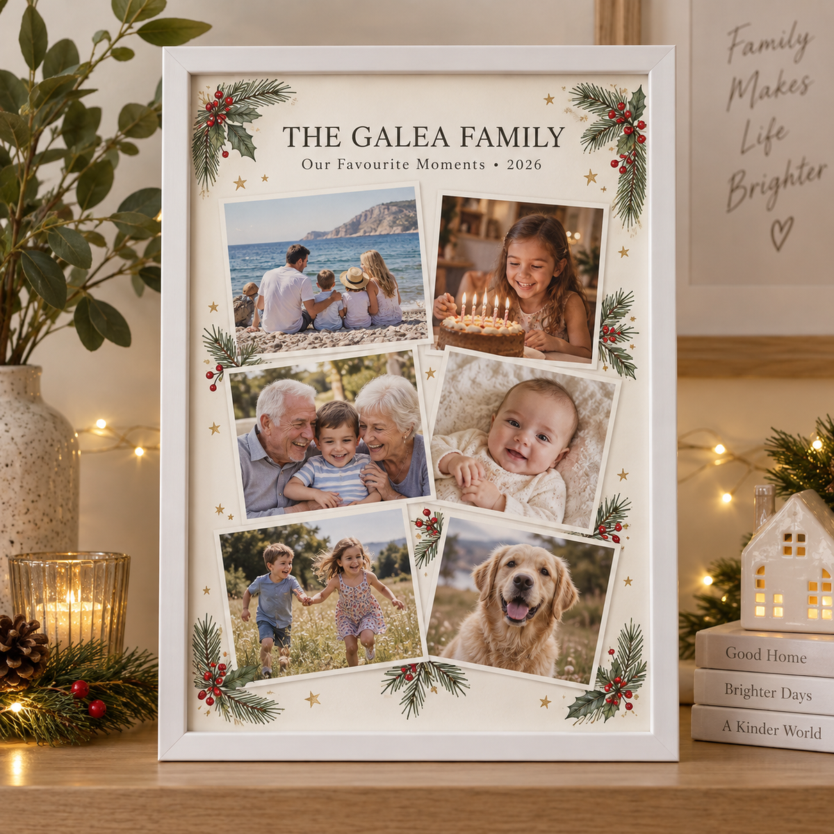 Personalised family Christmas memories collage displayed in an A4 white wall frame