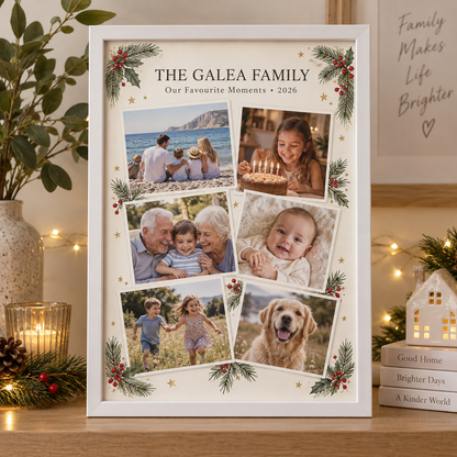 Personalised family Christmas memories collage displayed in an A4 white wall frame