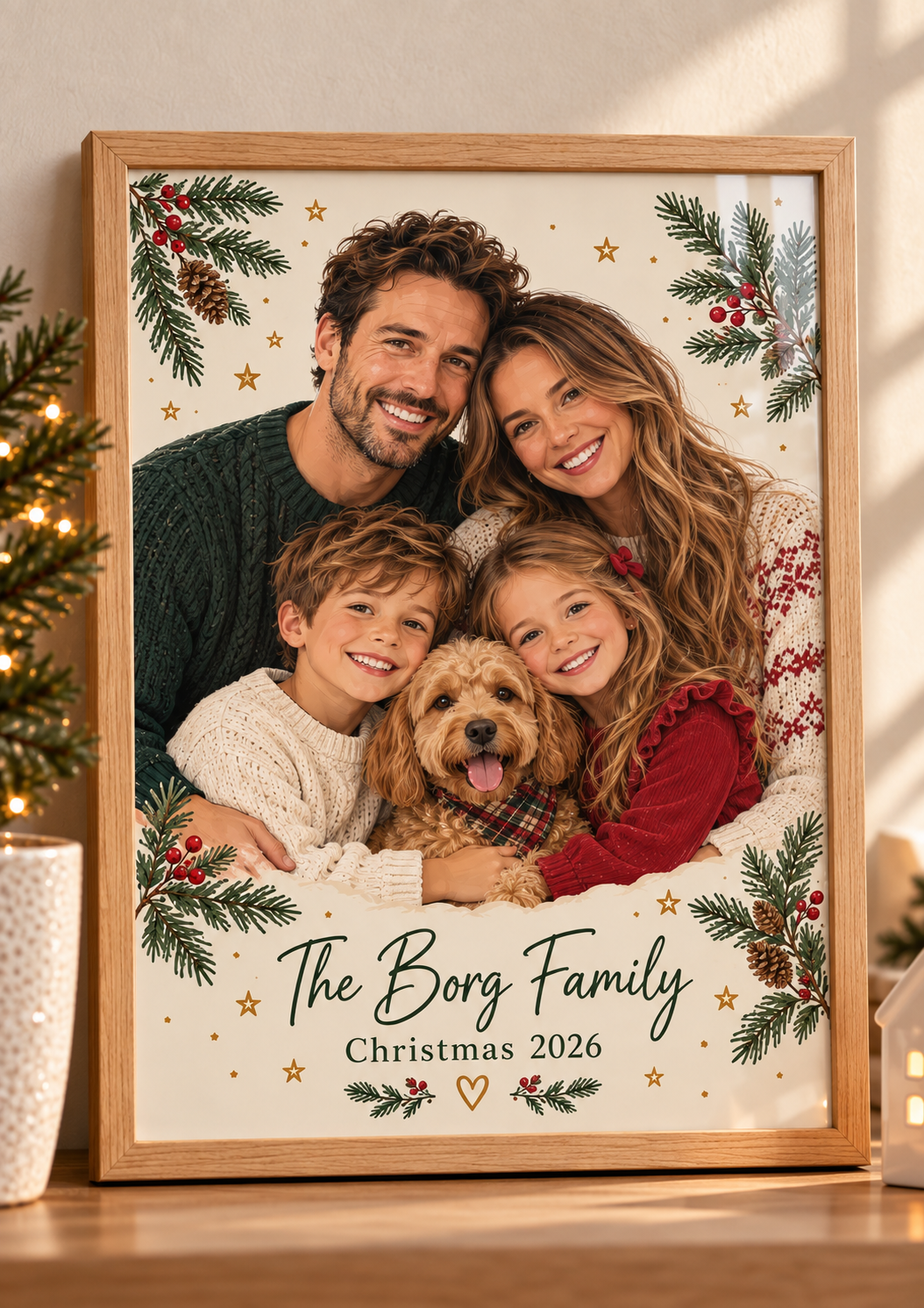 Personalised family Christmas illustration created from a photograph in an oak A4 frame