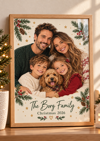 Personalised family Christmas illustration created from a photograph in an oak A4 frame