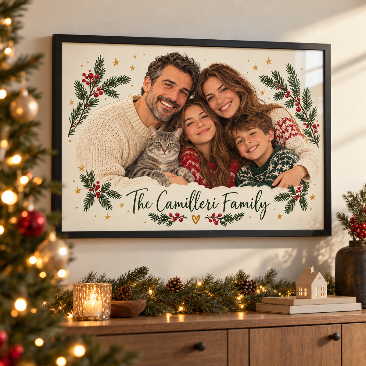 Custom family Christmas portrait from a photo in a black A3 glass front frame