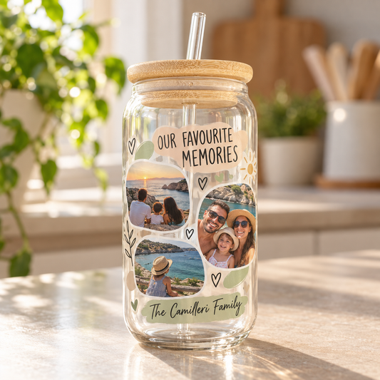 Personalised family photo glass tumbler with three photographs and family name