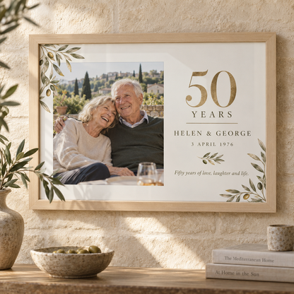 Personalised first anniversary photo frame with a couple's photograph, names and date