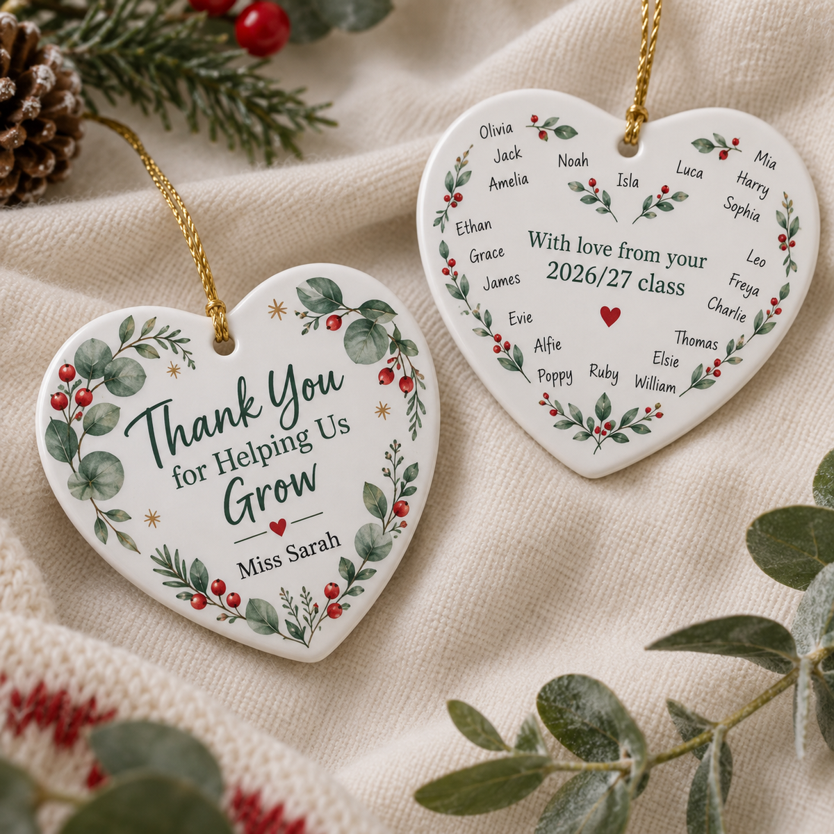 Personalised heart teacher Christmas ornament saying Thank You for Helping Us Grow