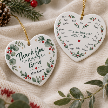 Personalised heart teacher Christmas ornament saying Thank You for Helping Us Grow