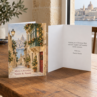 Personalised Maltese family Christmas card showing the front and inside message
