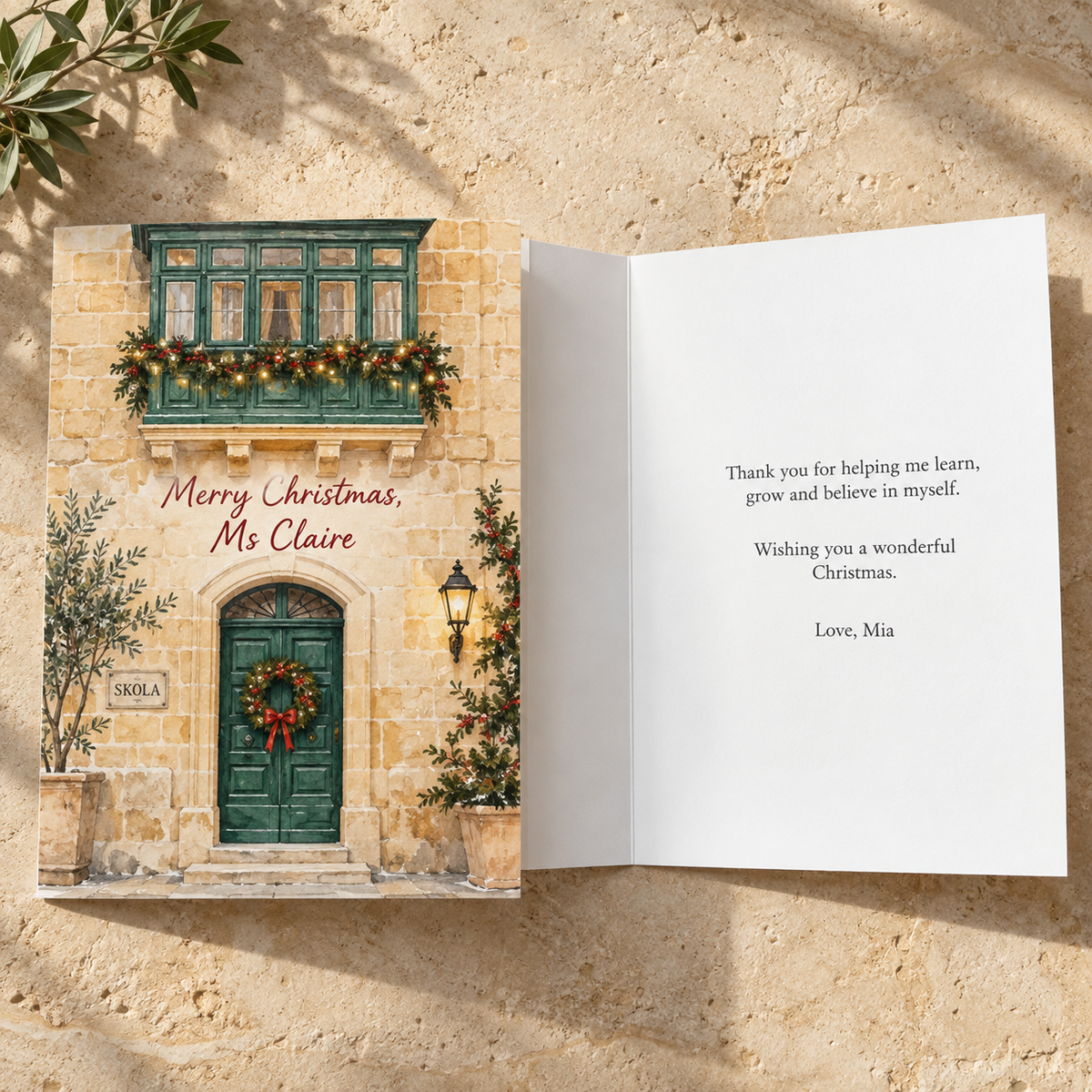 Personalised Malta Christmas card for a teacher showing the front and inside message