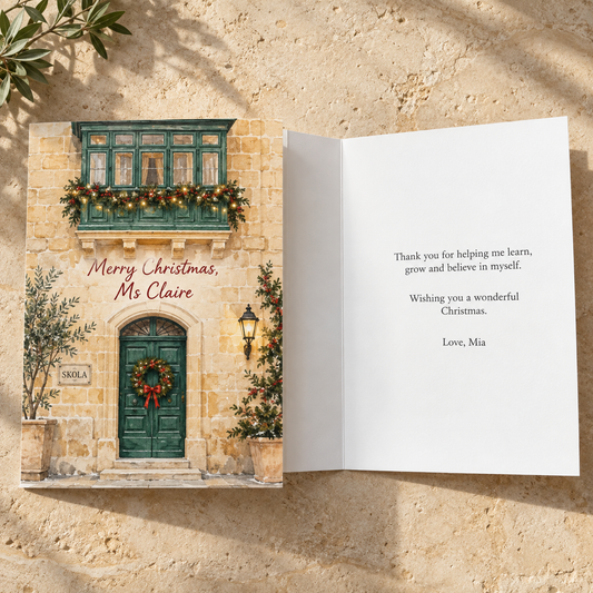 Personalised Malta Christmas card for a teacher showing the front and inside message
