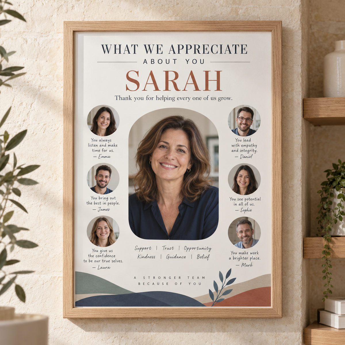 Personalised A4 oak manager appreciation frame featuring Sarah with photographs and team messages