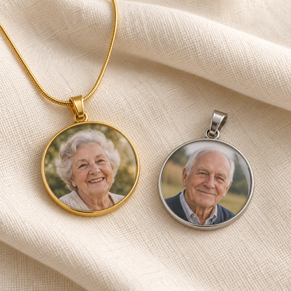 Personalised memorial photo pendant in gold and silver with optional chain