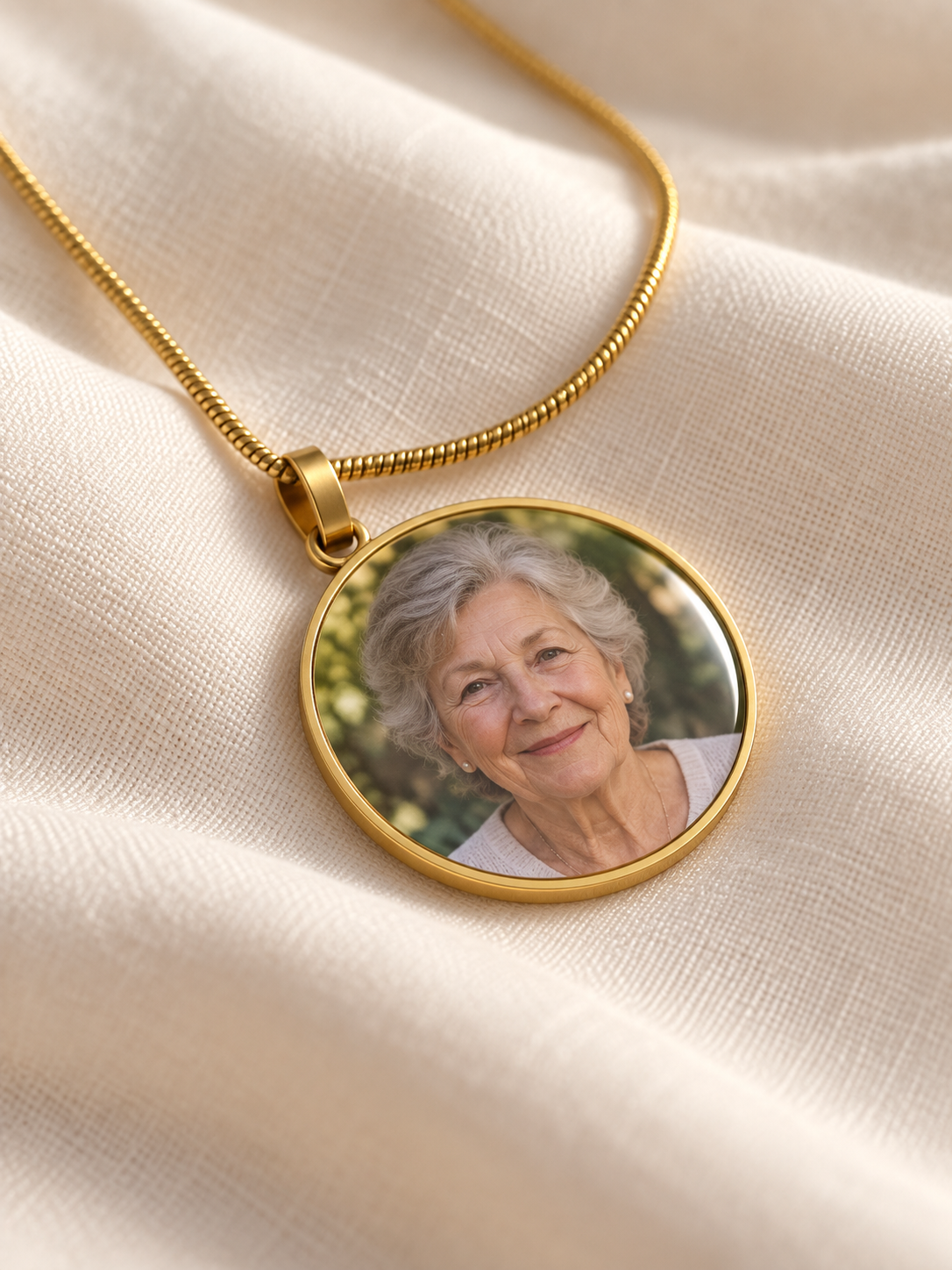 Angled close-up of memorial photo pendant showing raised clear resin finish