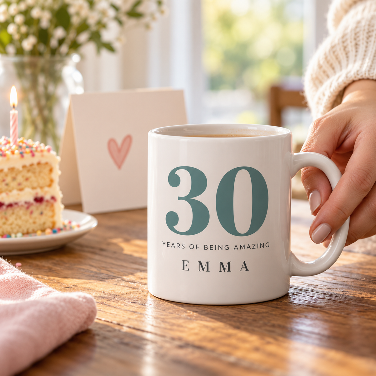 Personalised 30th birthday mug for Emma styled as a birthday gift