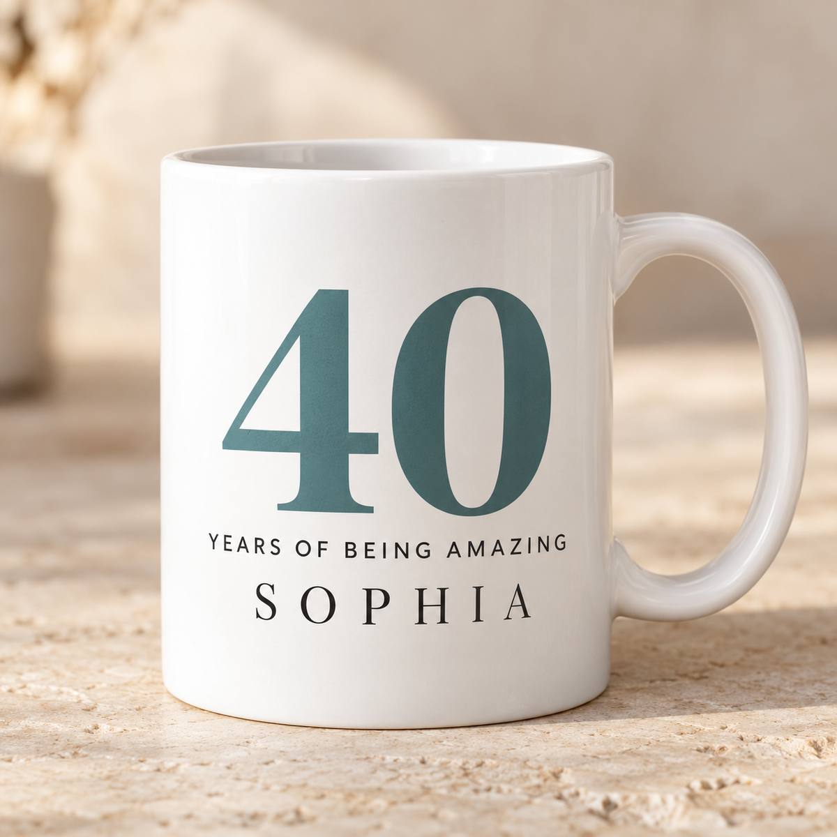 Personalised milestone birthday mug for age 40 with the name Sophia