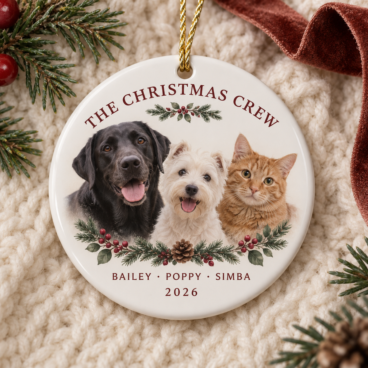 Personalised Christmas ornament featuring photographs of two dogs and a cat