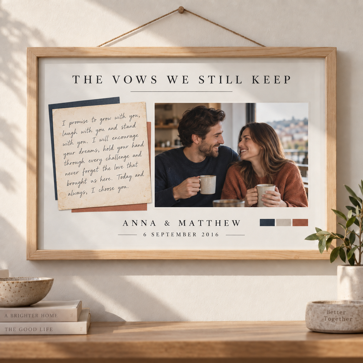 Old handwritten love note and recent couple photograph in a pine A4 frame