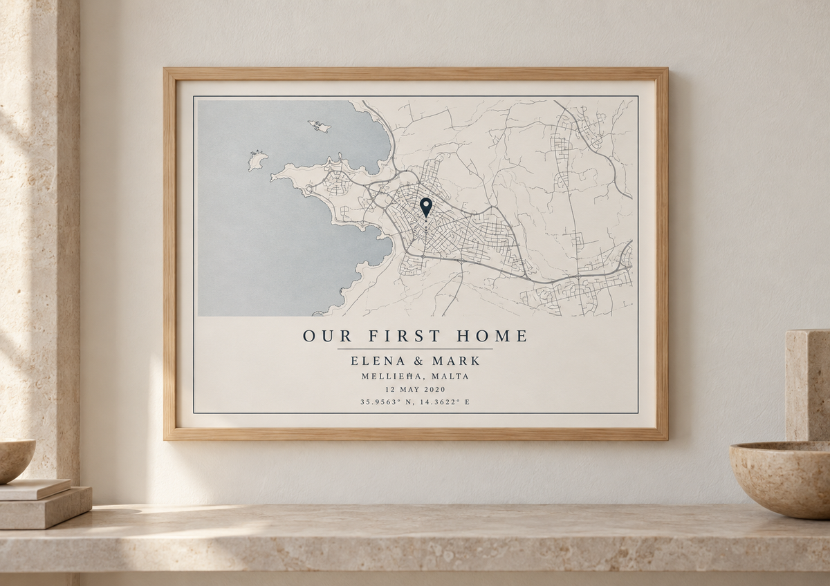 Personalised map frame in pine A4 landscape, featuring Mellieħa, Malta - Our First Home