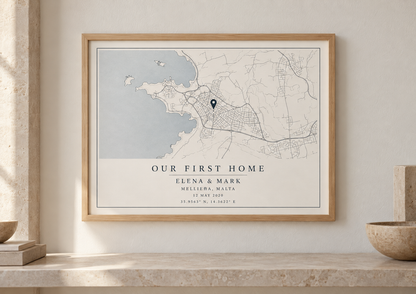 Personalised map frame in pine A4 landscape, featuring Mellieħa, Malta - Our First Home