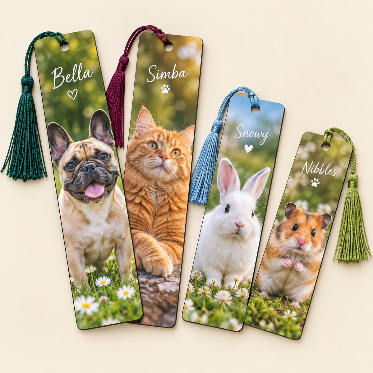 Dog, cat, rabbit and hamster personalised bookmark designs