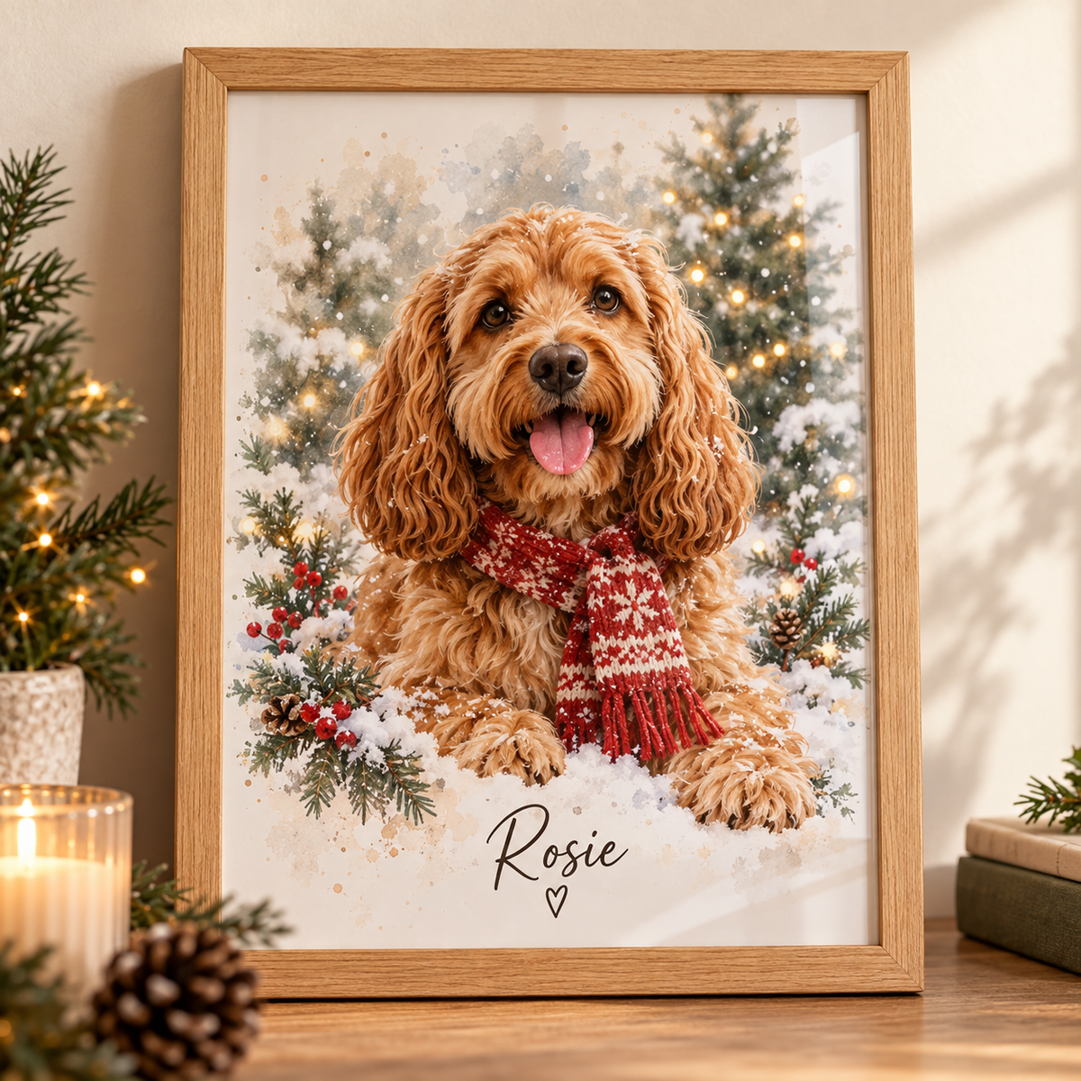 Personalised pet Christmas illustration in a glass front A4 frame