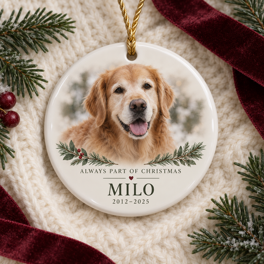 Personalised round pet memorial Christmas ornament with a golden retriever photograph and the name Milo