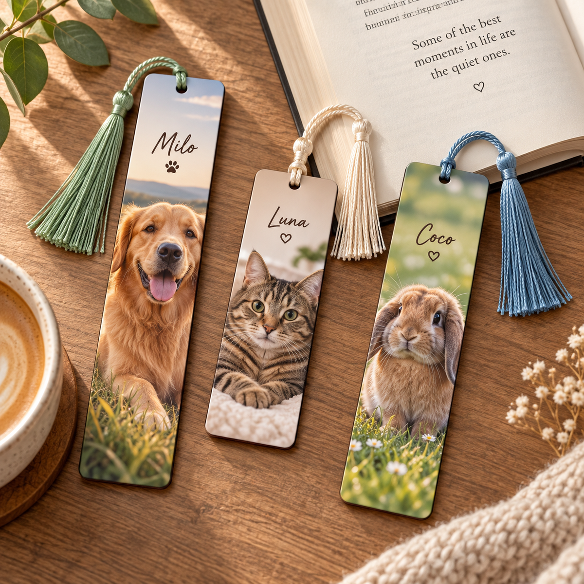 Dog, cat and rabbit personalised photo bookmarks with coloured tassels