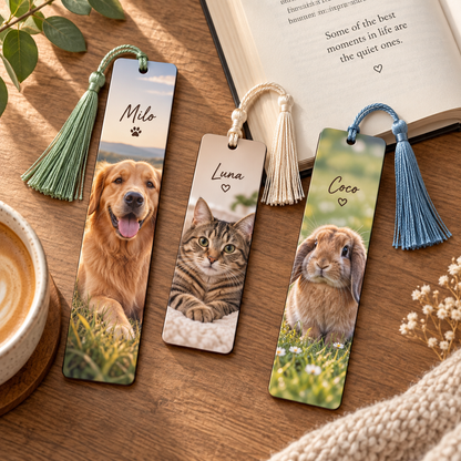 Dog, cat and rabbit personalised photo bookmarks with coloured tassels