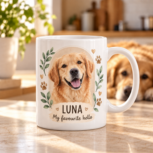 Personalised pet photo 11oz ceramic mug with golden retriever portrait