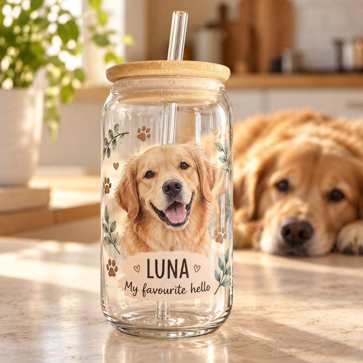 Personalised pet photo glass tumbler with dog portrait and name