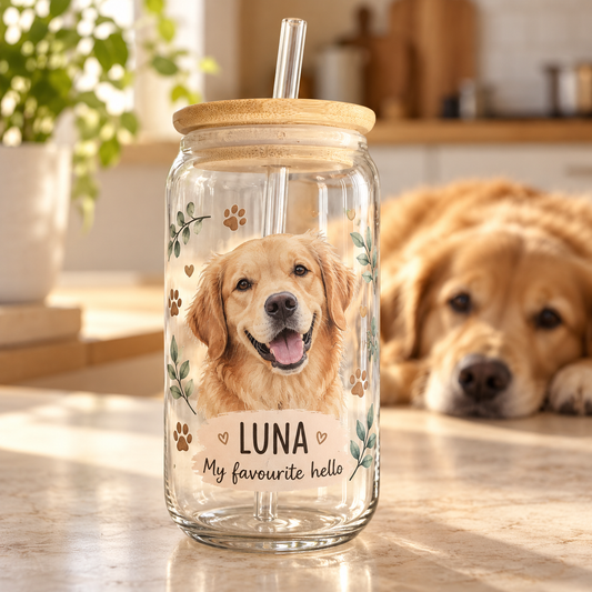 Personalised pet photo glass tumbler with dog portrait and name