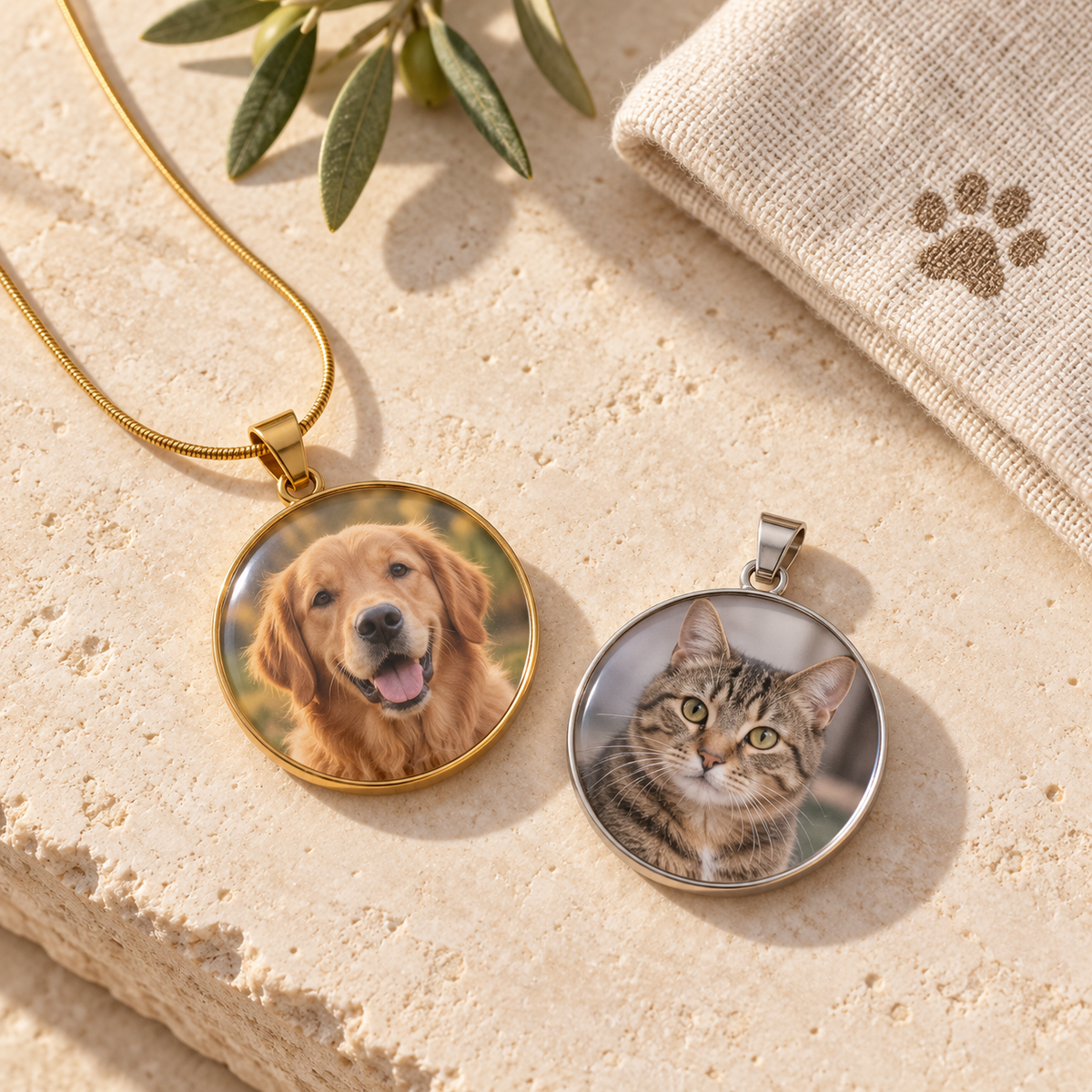 Personalised round pet photo pendant in gold and silver with optional chain