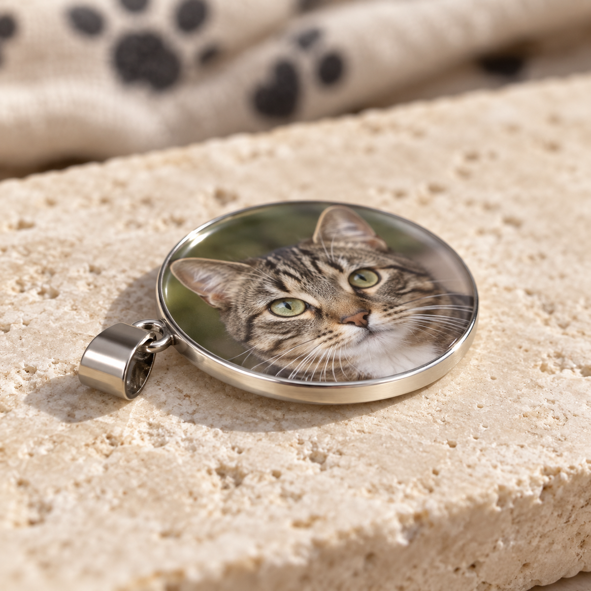 Angled close-up of personalised pet pendant showing raised clear resin finish